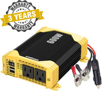 Krieger 600 Watt 12V DC to 110V AC Car Power Inverter, Modified Sine Wave, 2 Outlets, 2 USB Ports, Cigarette Lighter Plug & Clamps - ETL Approved Under UL STD 458